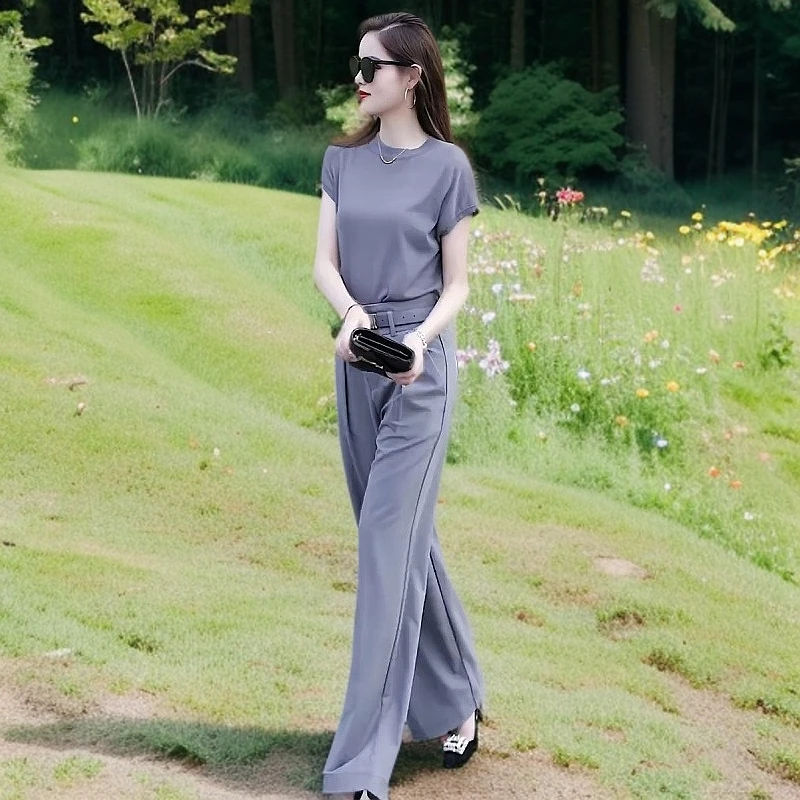 金步康御姐时尚套装夏季新款女装气质圆领上衣休闲阔腿裤两件套