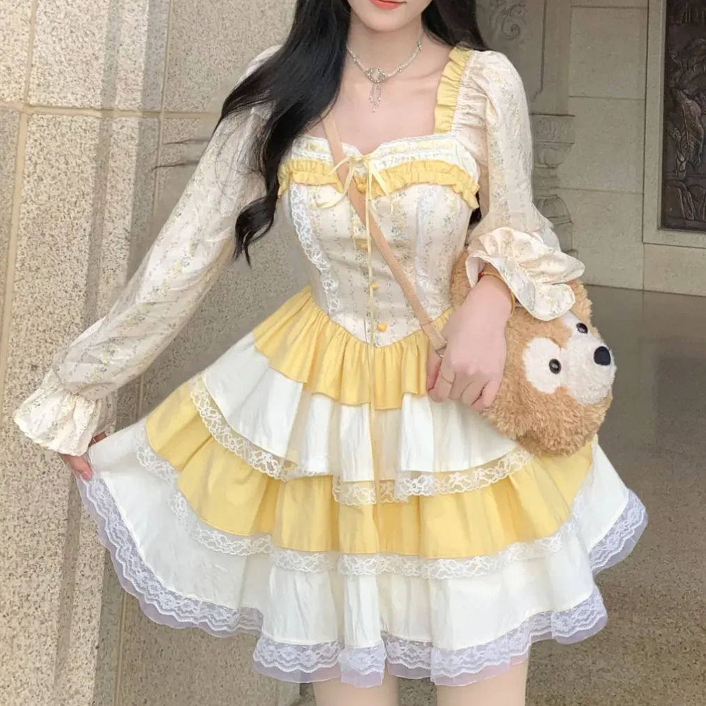 大码欲风甜美少女感荷叶边撞色拼接蕾丝显瘦公主裙