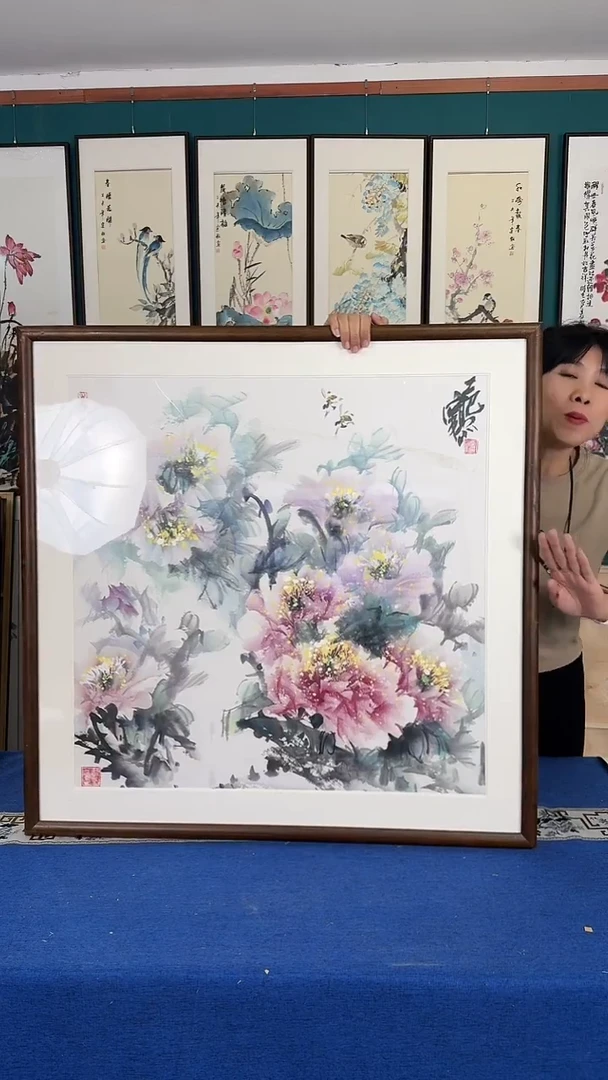 国画牡丹 实木装裱 83*83