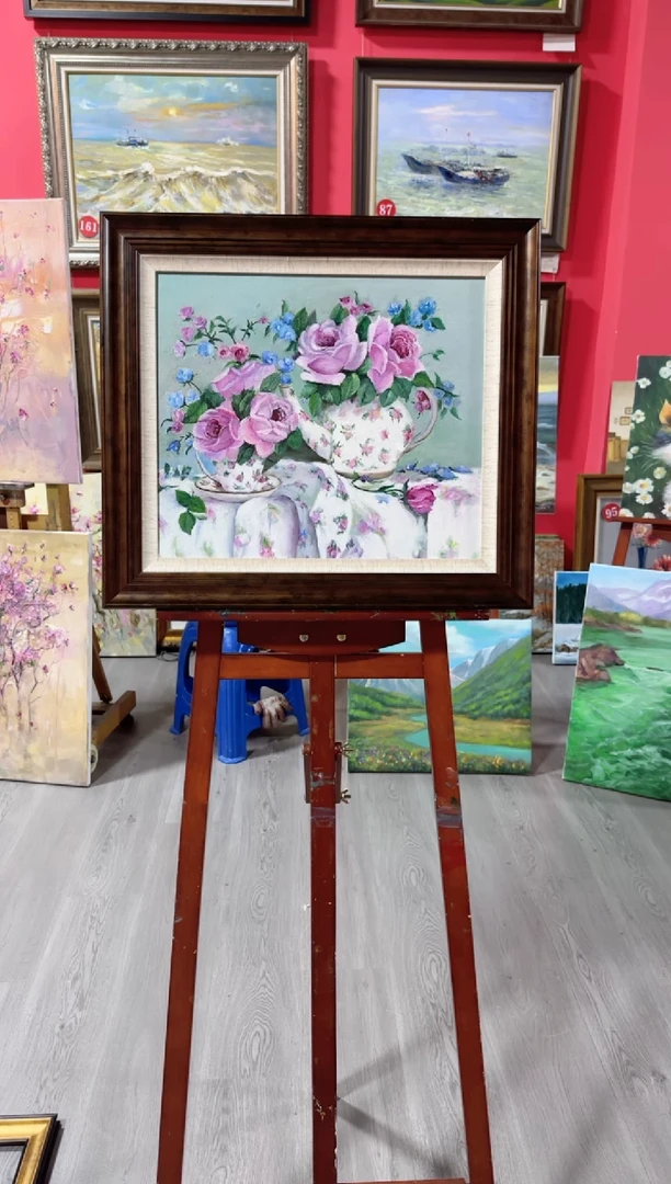 油画俄罗斯手绘油画作品《 玫瑰静物》50x59带外框