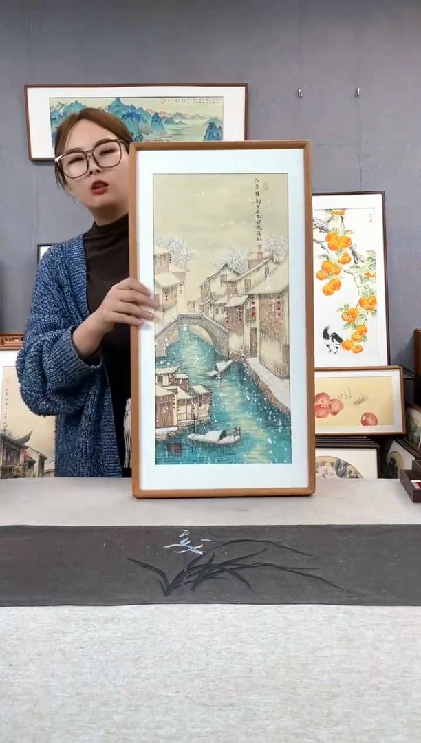 【闪购商品】国画金旗红-手绘带框作品-35*68-水乡