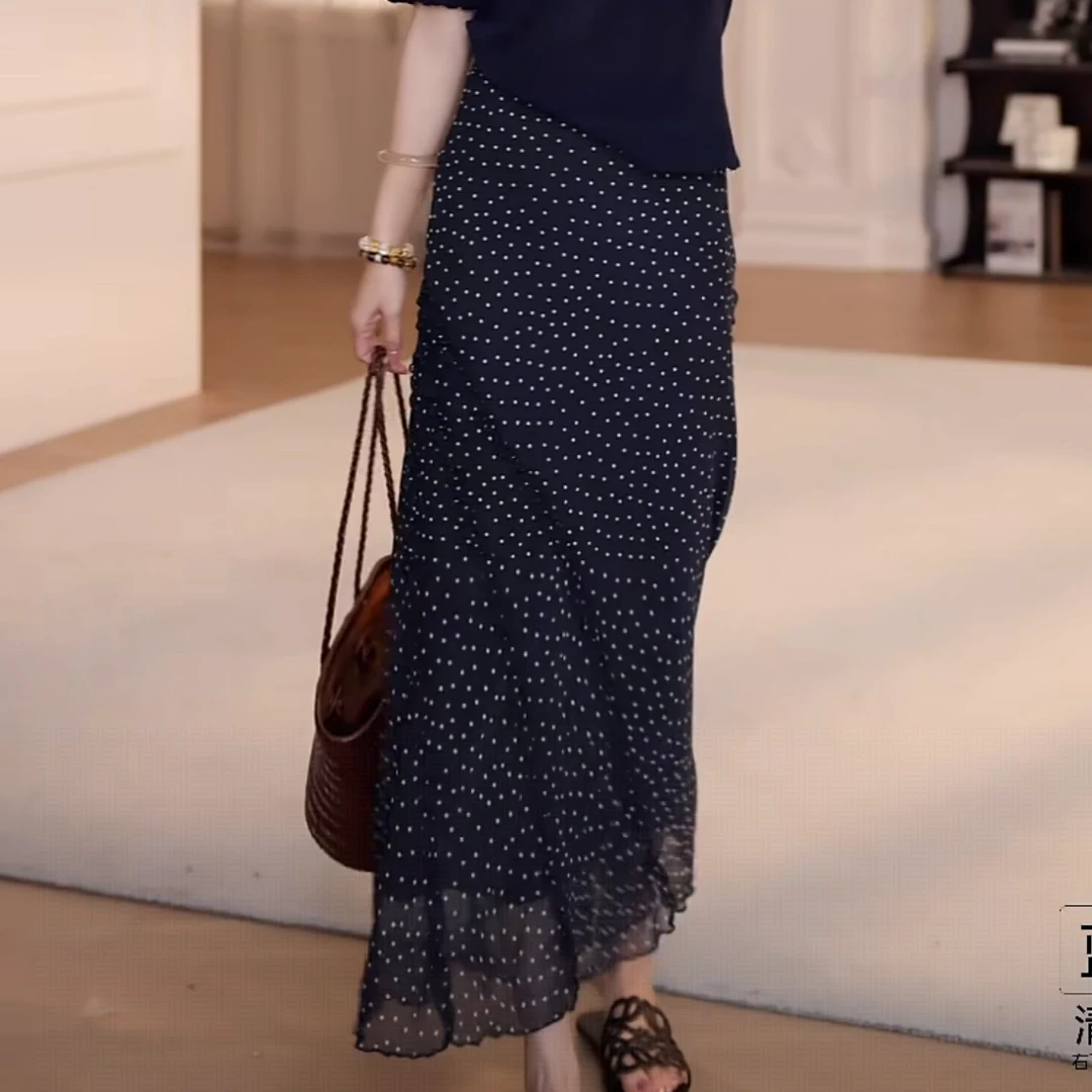 橡筋松紧腰波点斜花边网纱半身裙2025夏季新款显瘦设计感法式裙子
