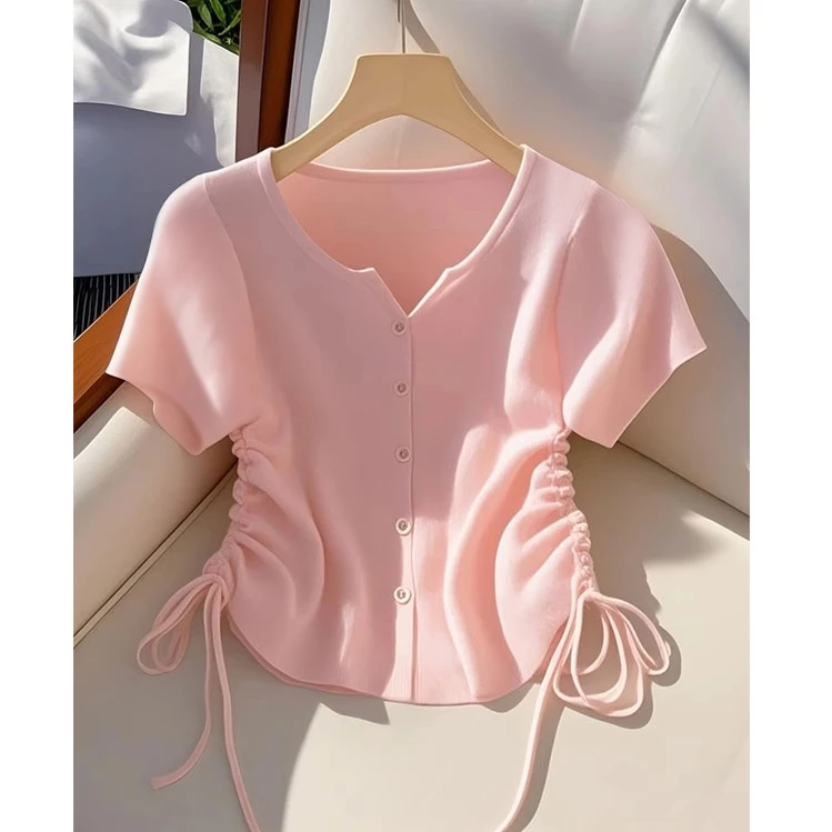 2025夏季新款超好看独特漂亮掐腰上衣设计感小众粉色针织短袖T-恤