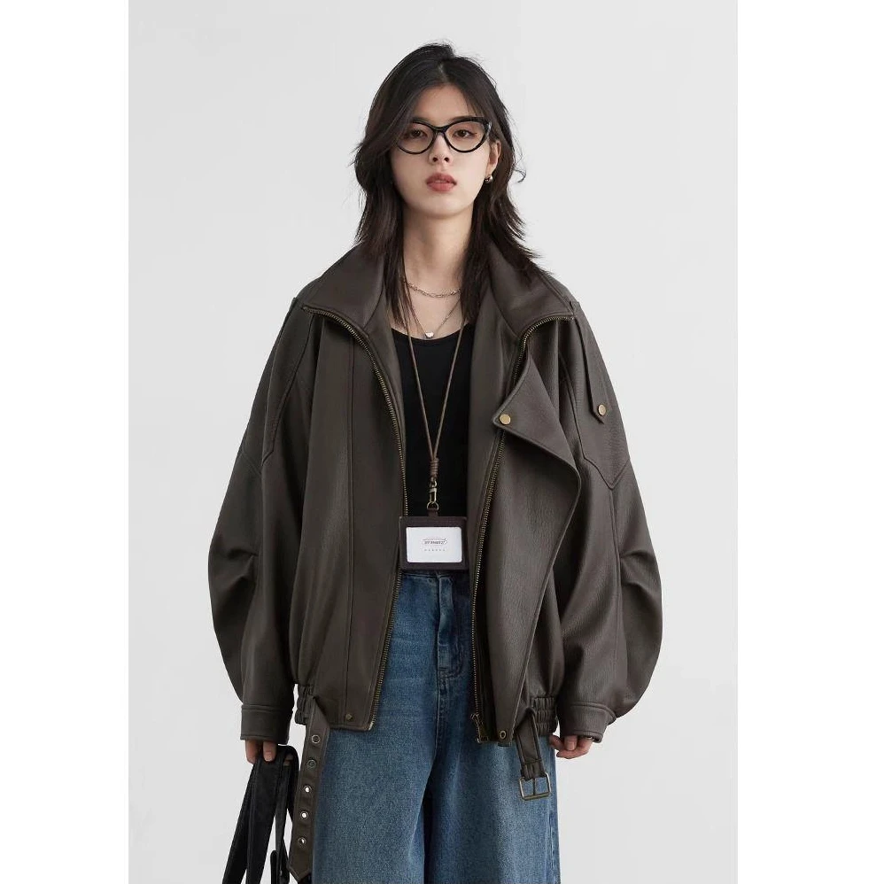 2025秋季新款情侣复古pu皮夹克衫男女潮流宽松高级感纯色皮衣外套