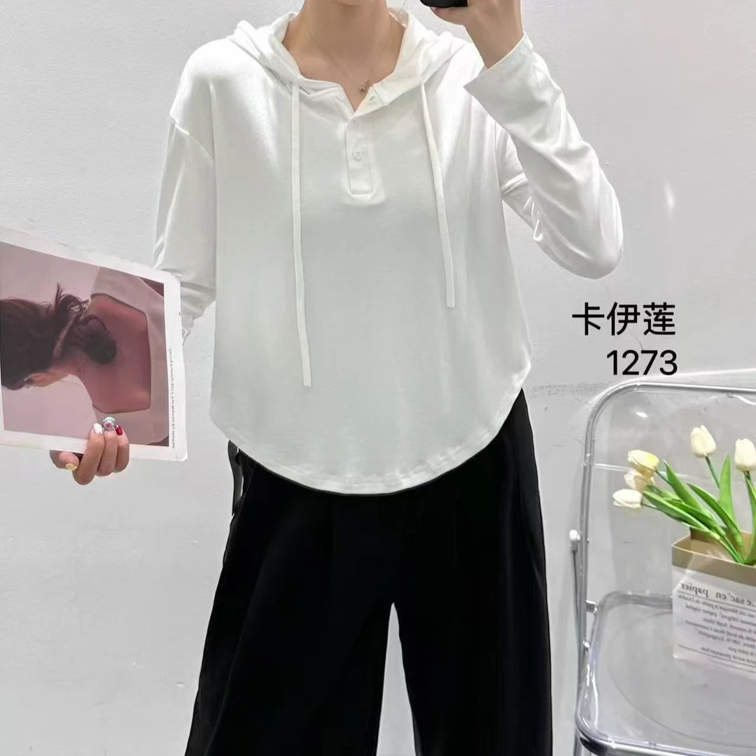 【春季新款】纯色连帽t恤春秋内搭新款设计感小众修身显瘦长袖上衣