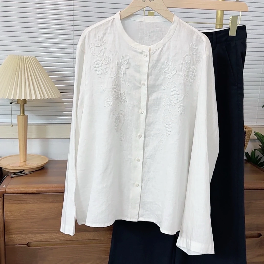 【原歌2】夏季新款百搭圆领清透感刺绣亚麻衬衫女YG676
