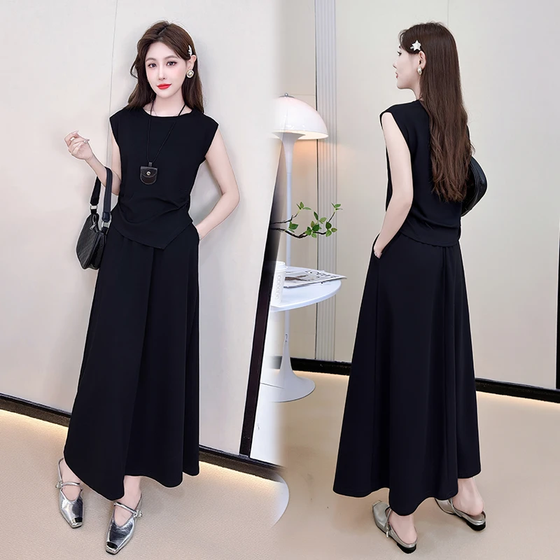 时尚套装2025休闲阔腿背心中长款半身裙时尚百搭夏季法式两件套潮