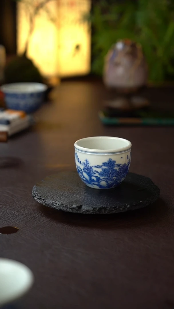 景德镇全手工手绘仿古康熙青花山水缸杯