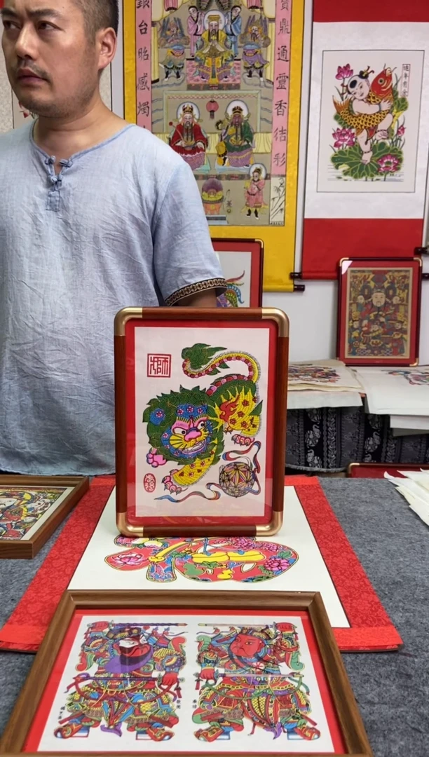 A4狮子绣球装框发货手工制作精品年画
