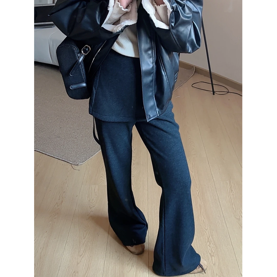 YUNING【魅力弧度】高腰显瘦假两件微喇裤加绒呢子裤（屁帘不能拆