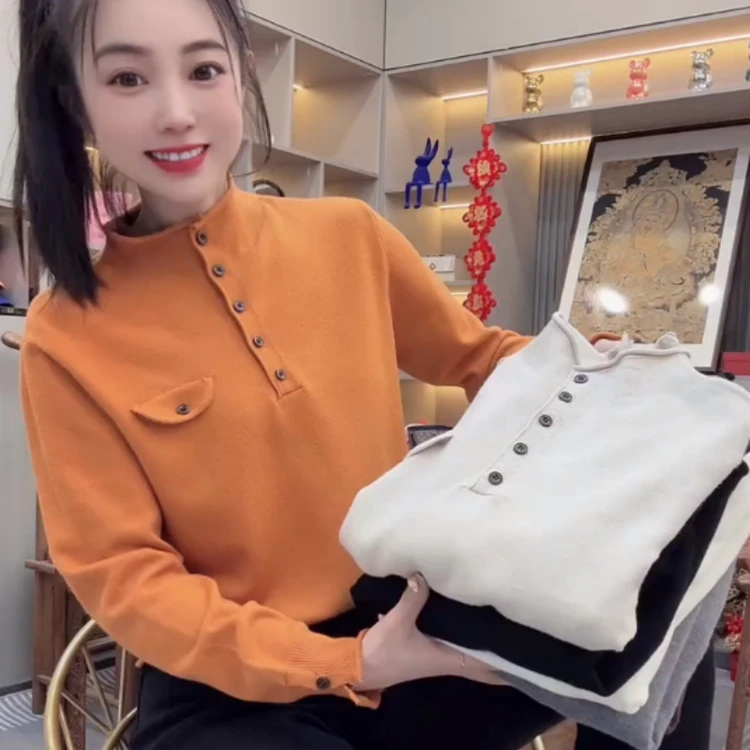 2025秋冬新款口袋盖设计半高领针织衫女韩版百搭休闲显瘦洋气上衣