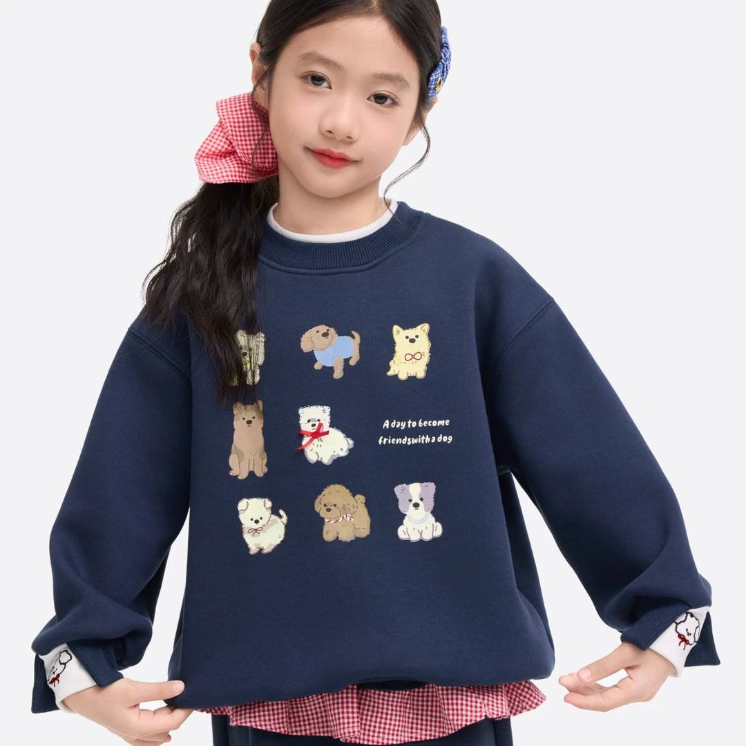 【卫衣加绒】小茵曼女童狗狗圆领套头卫衣印花25冬加绒甜美上衣潮