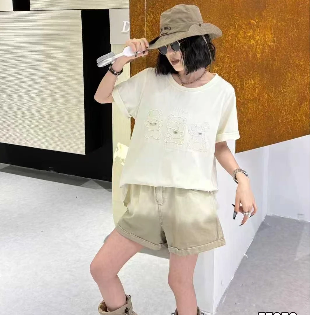 新款休闲时尚胖妹妹2025圆领减龄宽松短袖+晕染复古短裤俩件套