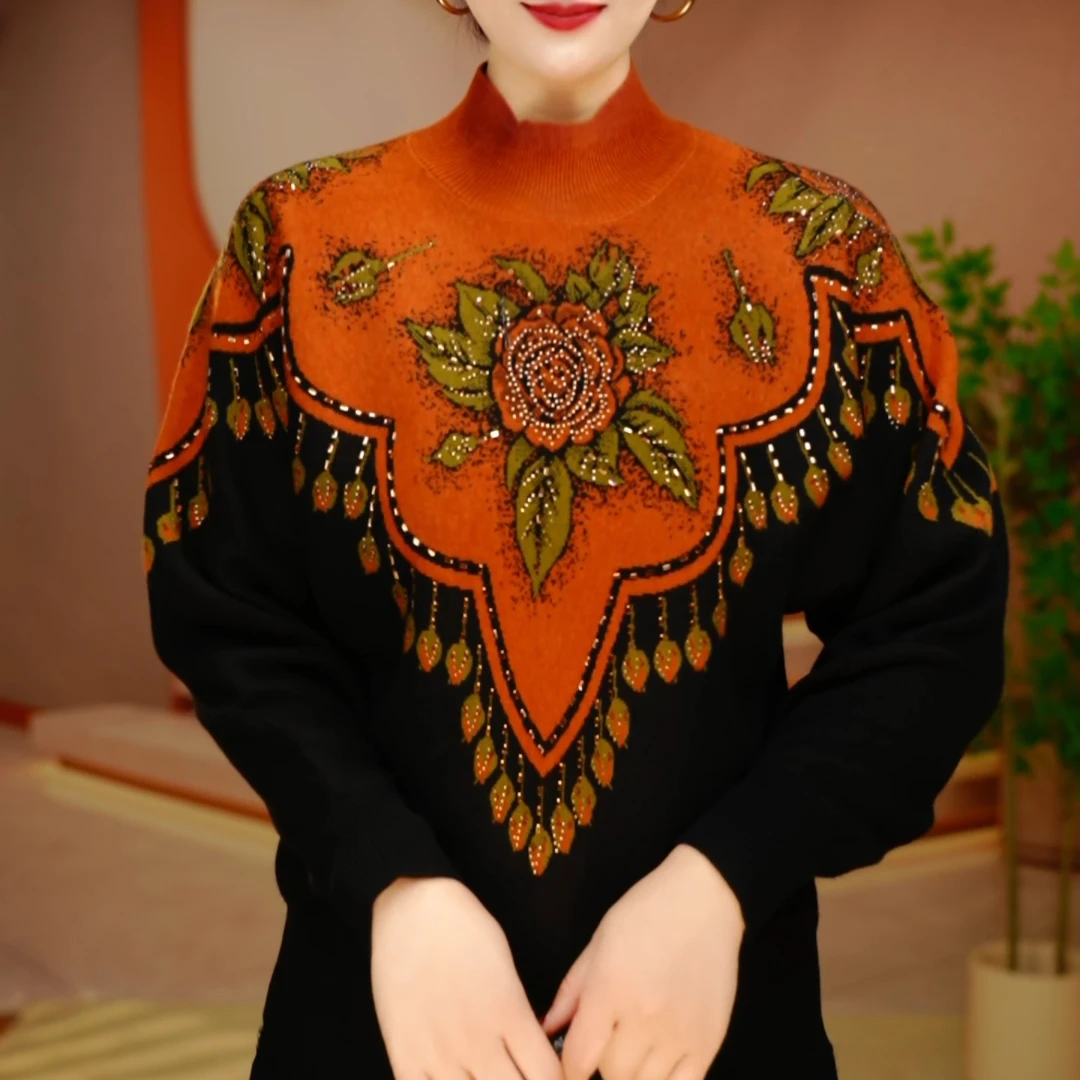 秋冬新款百搭显瘦减龄舒适透气女针织提花圆领衫上衣-A251203