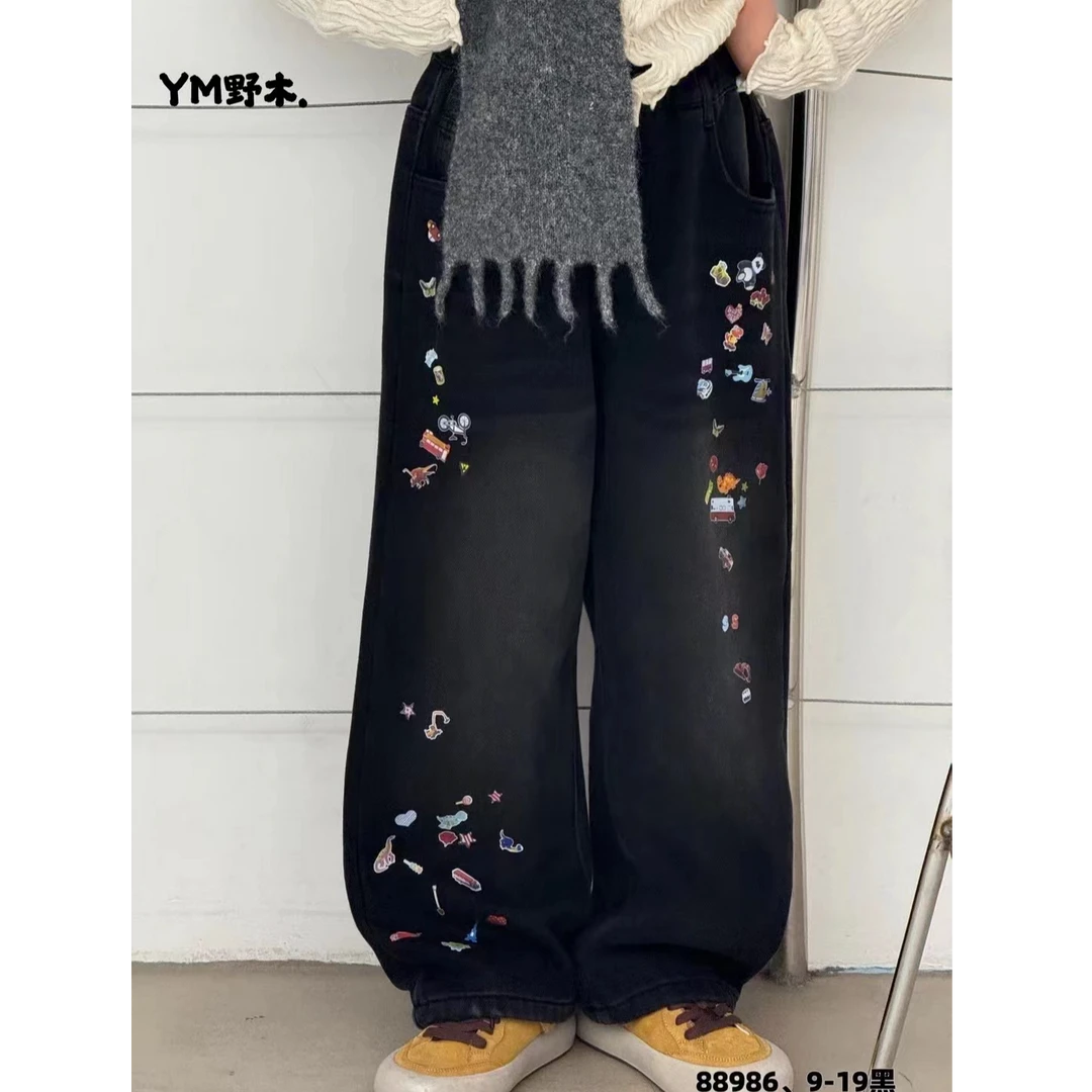YM-88986 儿童秋冬一体绒休闲宽松卡通玩偶复合牛仔裤
