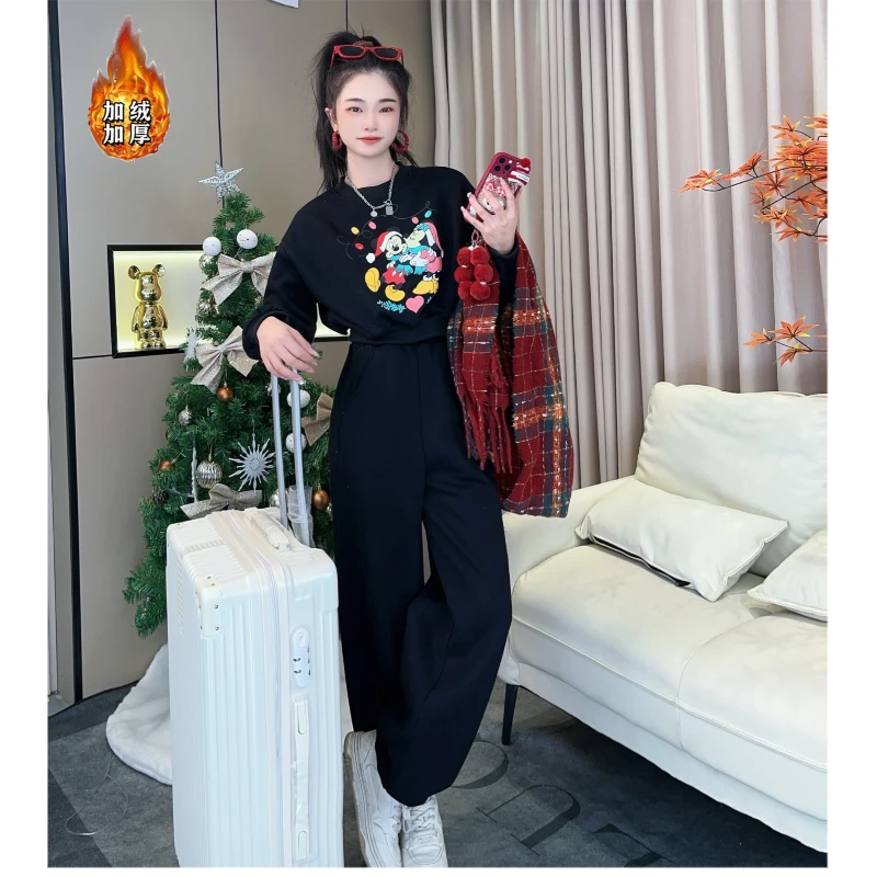 加绒加厚冬季新款休闲风时尚米奇印花卫衣女高腰阔腿裤两件套1494