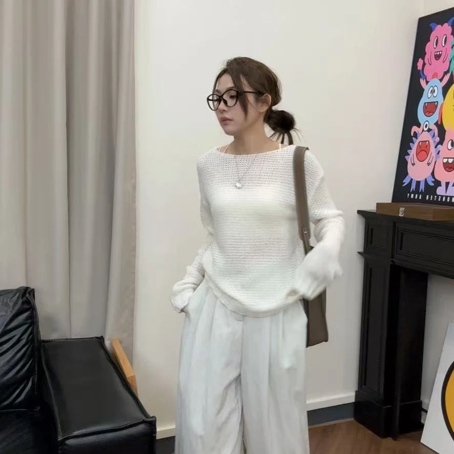 早春慵懒风软糯圆领镂空针织长袖上衣#F6175