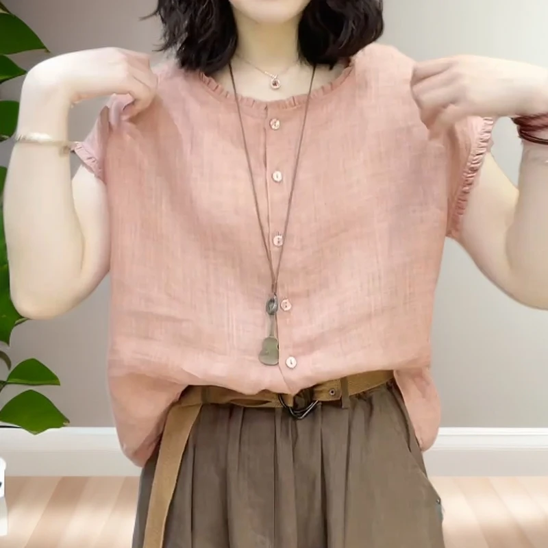 通勤极简风纯色单排扣大码衬衫女胖MM藏肉显瘦拼接木耳边圆领上衣