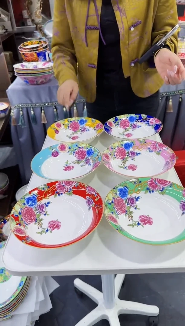 珐琅7.5英寸圆深盘6个景德镇陶瓷