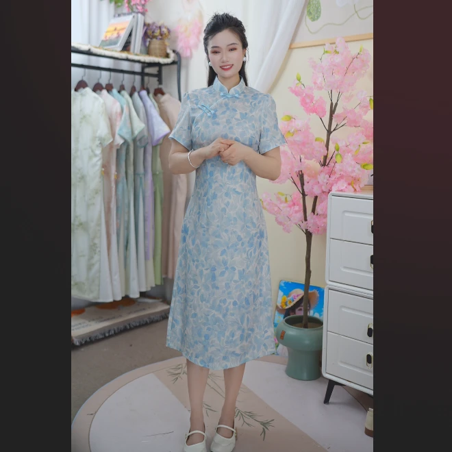 【蓝风铃】减龄气质中长款少女优雅改良遮肉显瘦旗袍裙