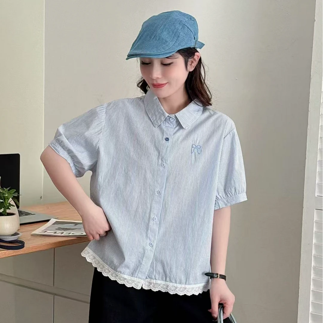 衬衫衬衣休闲百搭夏季宽松韩版设计感气质蓝色时尚小众条纹格子