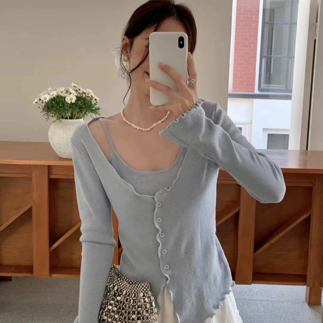 7003#花边吊带假两件秋季新款甜美气质简约风针织衫