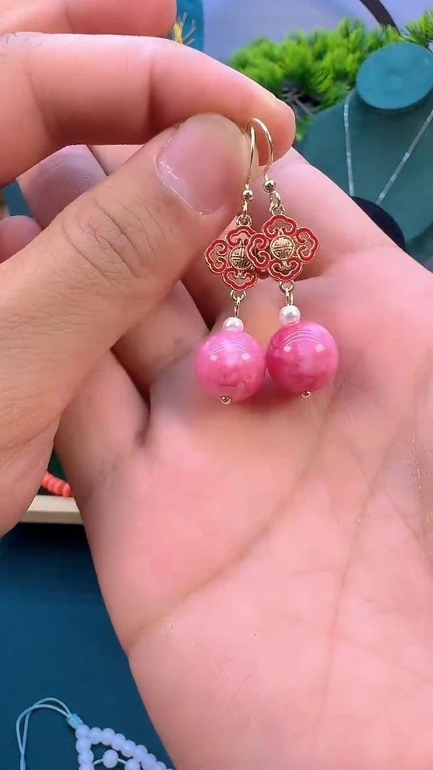 菱锰矿（红纹石）14K金镶嵌耳钉E51