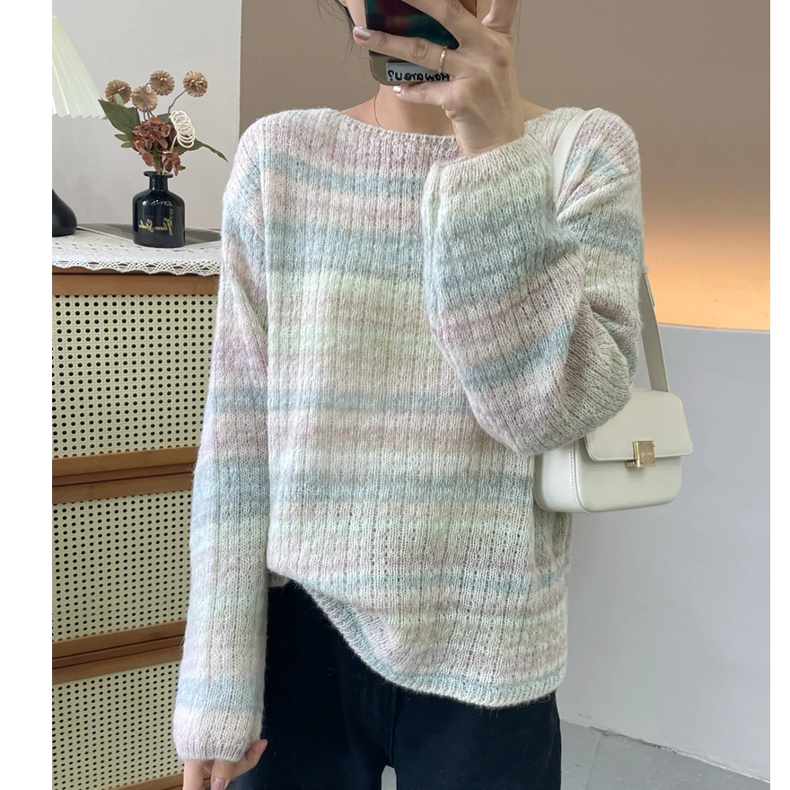 甜美风渐变色条纹洋气慵懒一字领长袖针织衫宽松显瘦新上衣薄