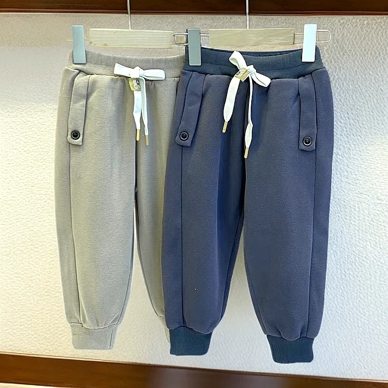 2379儿童春季新款纽扣卫裤束脚松紧腰小中大童简约时尚款休闲裤
