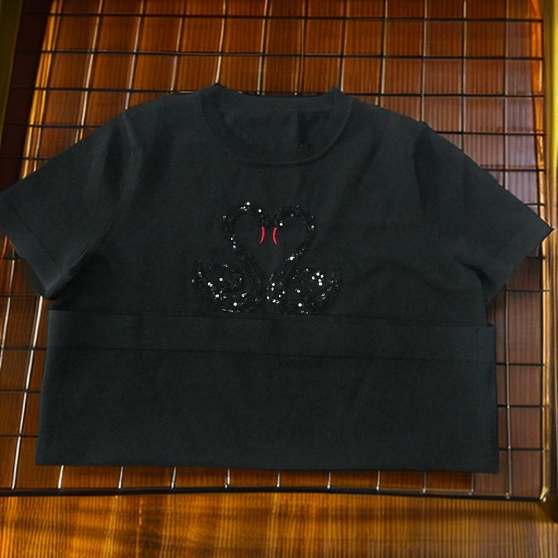 XXF-315夏季重工圆领刺绣红嘴双鹅半袖卫衣黑色休闲上衣时尚宽松