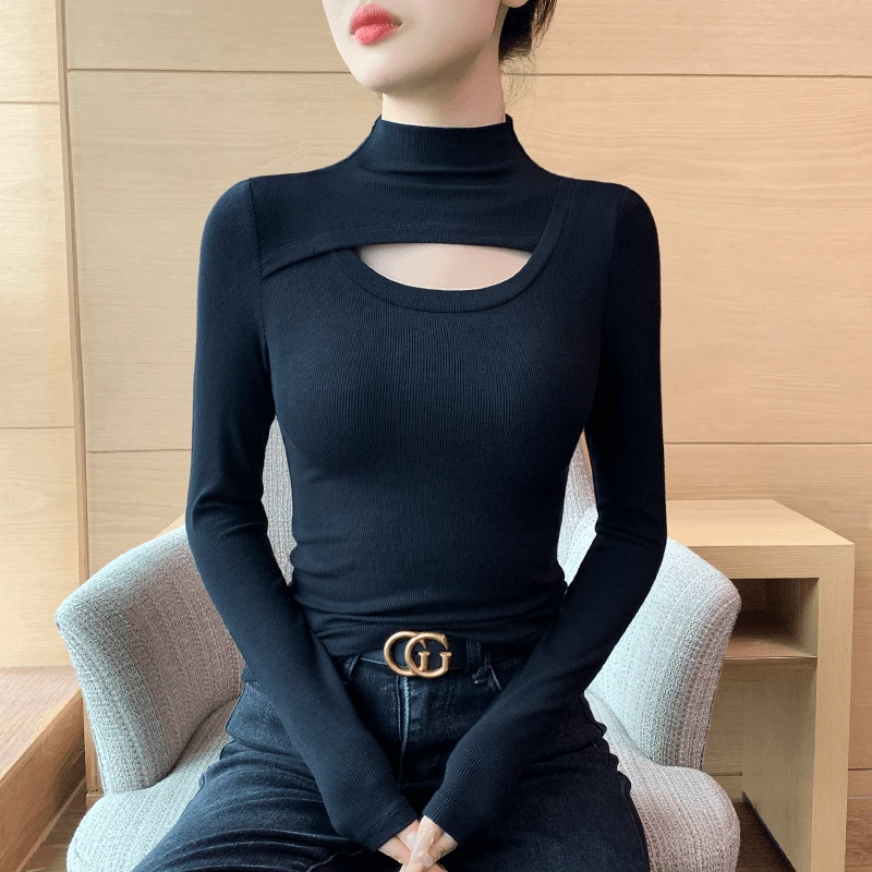 显瘦半高领T恤黑色针织螺纹镂空打底衫女秋冬新款内搭设计感上衣