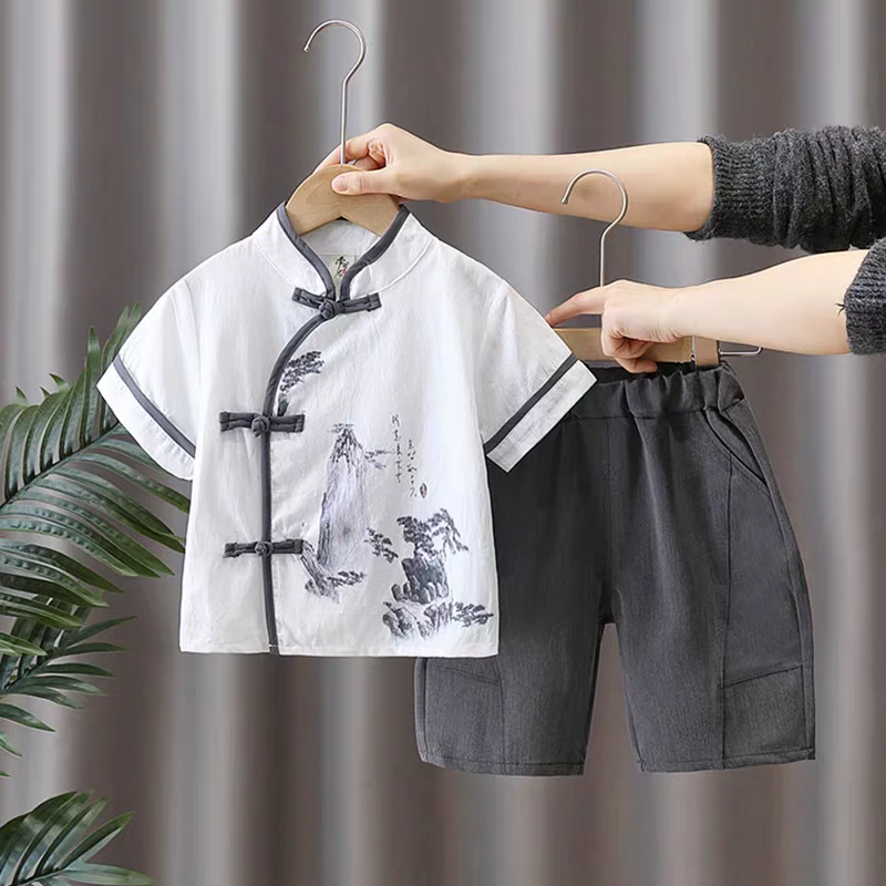 （001-010）短袖两件套编码唐装汉服棉麻套装国风幼儿园表演服