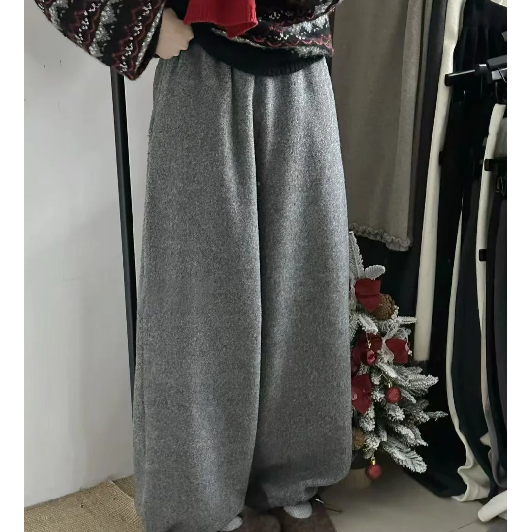 圈圈毛呢糯米阔腿裤女秋冬新款百搭宽松显瘦慵懒拖地束脚裤98632