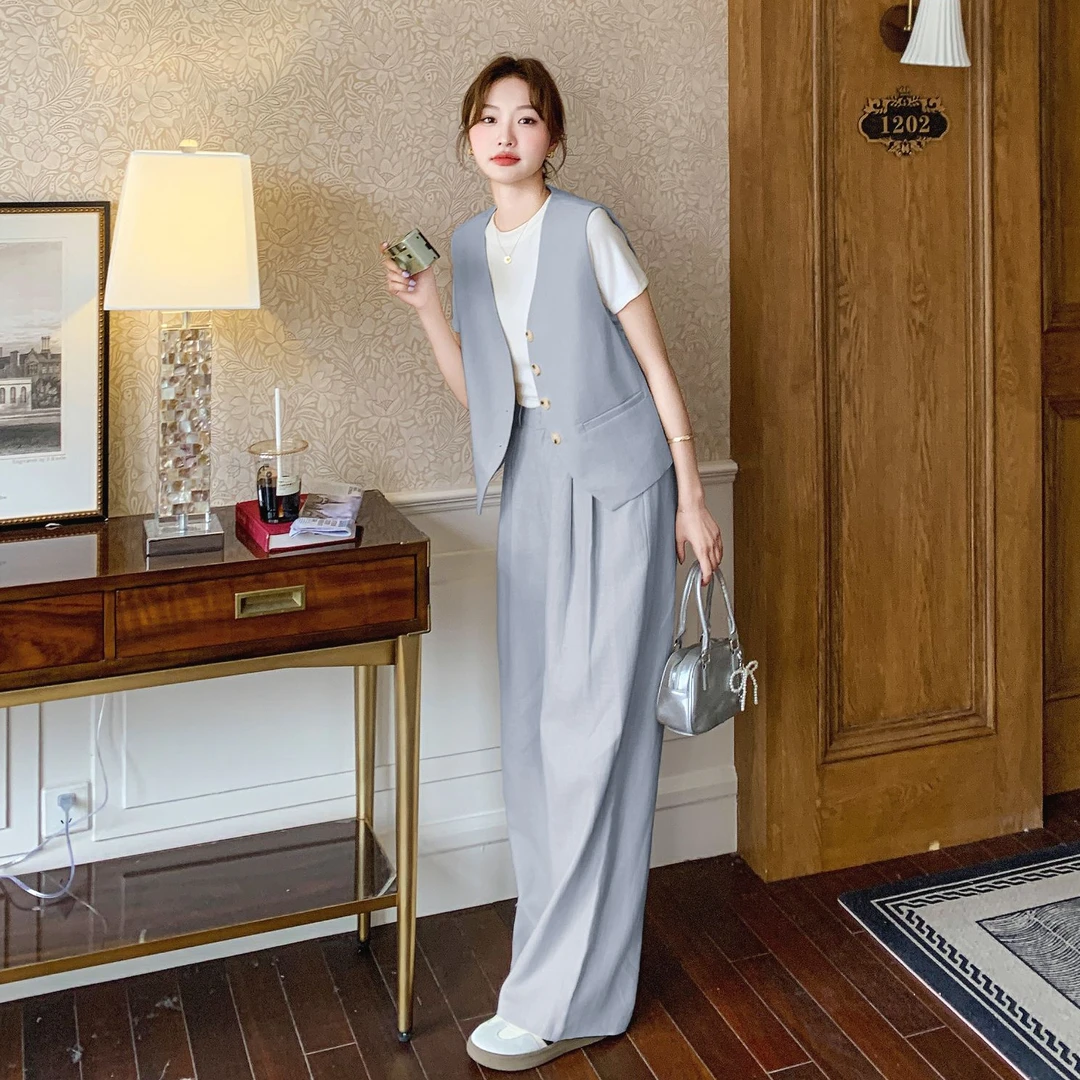 老钱风松弛感西装马甲套装女2025夏新款韩系减龄穿搭阔腿裤三件套