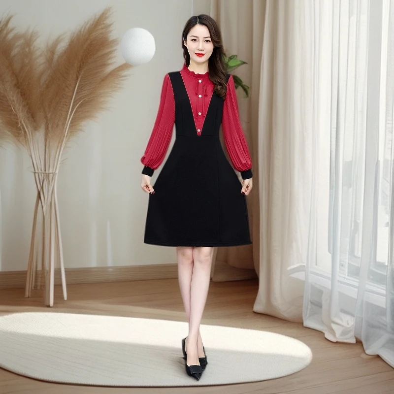 套头假两件拼接连衣裙显瘦中长款秋装打底长袖减龄遮肚子时尚气质