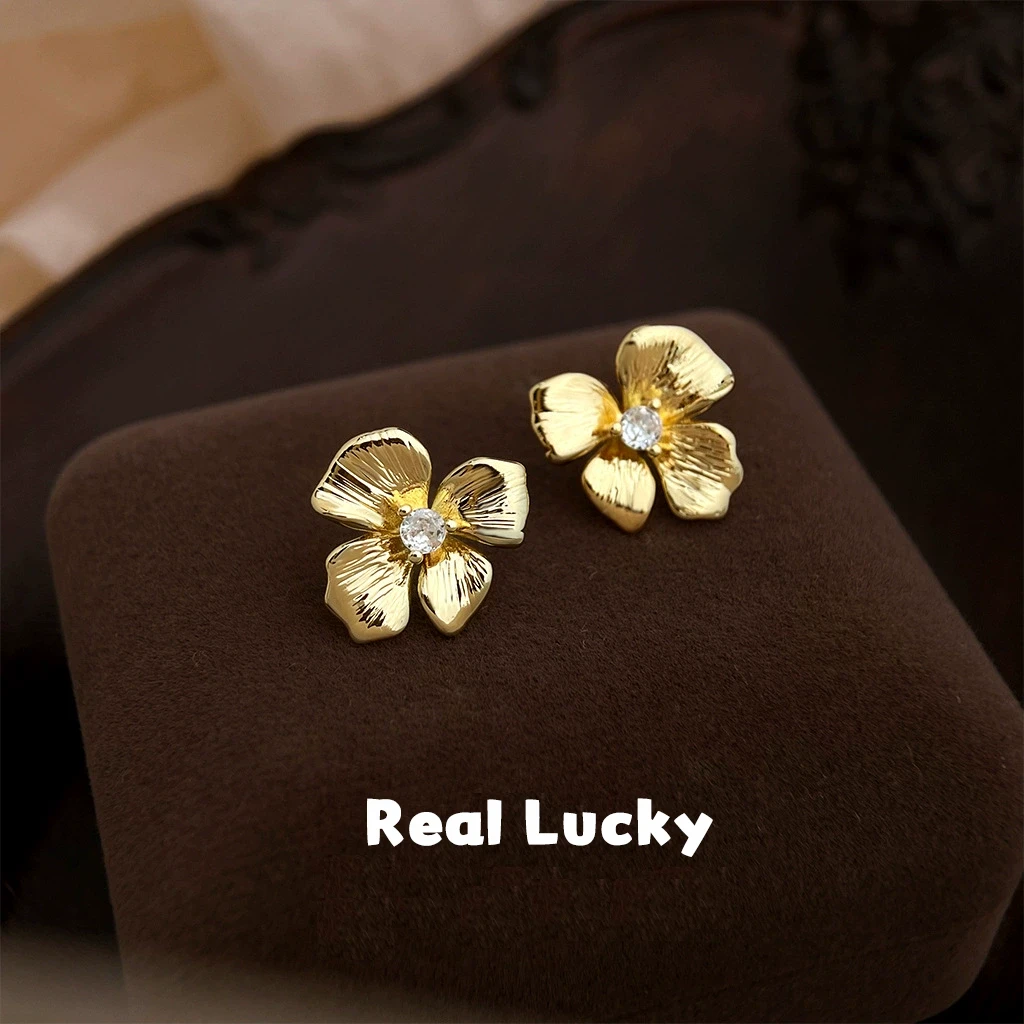925银耳饰 Real luck 925银针锆石四叶花朵耳钉耳饰