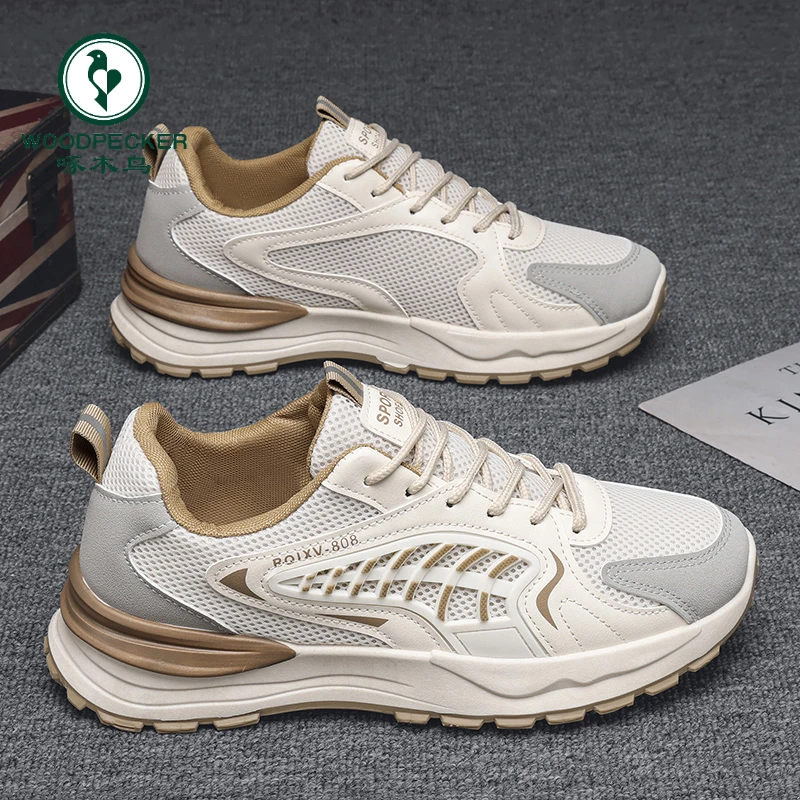 【正品】啄木鸟男鞋春季网面透气跑步休闲运动男款厚底增高百搭潮鞋