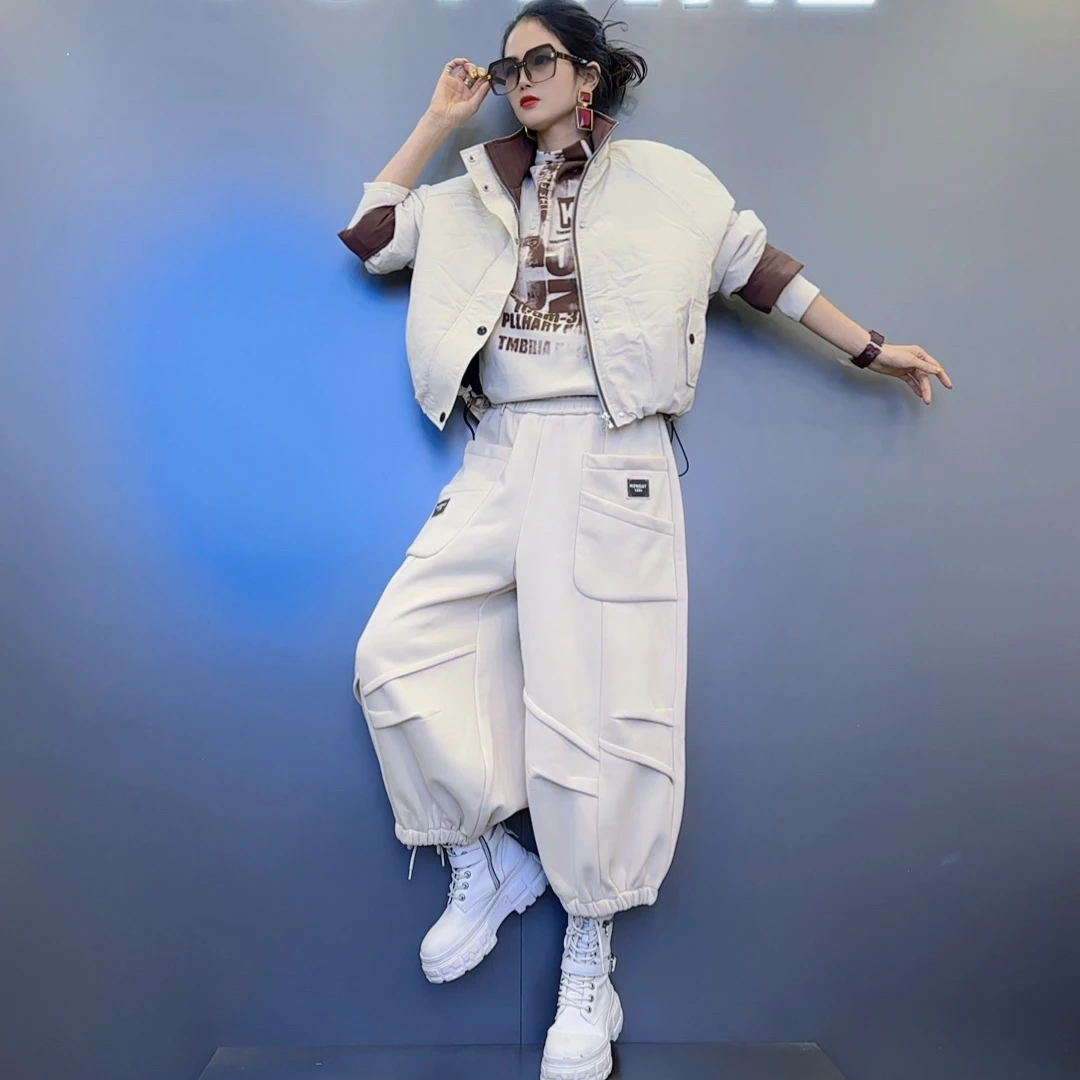 WT-1冬款夹棉拉链【四色】纯色外套-车标装饰加绒灯笼裤