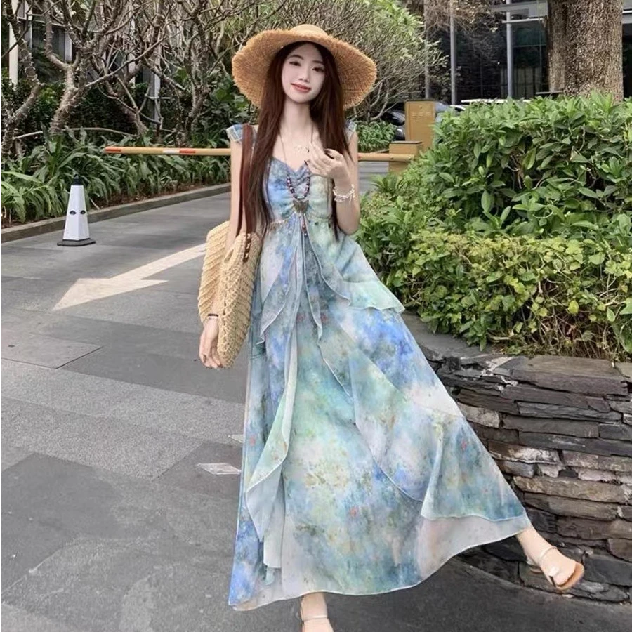 印花小飞袖吊带连衣裙女2025夏季新款收腰仙女长女款裙子