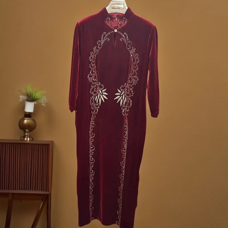 73157丝绒旗袍连衣裙