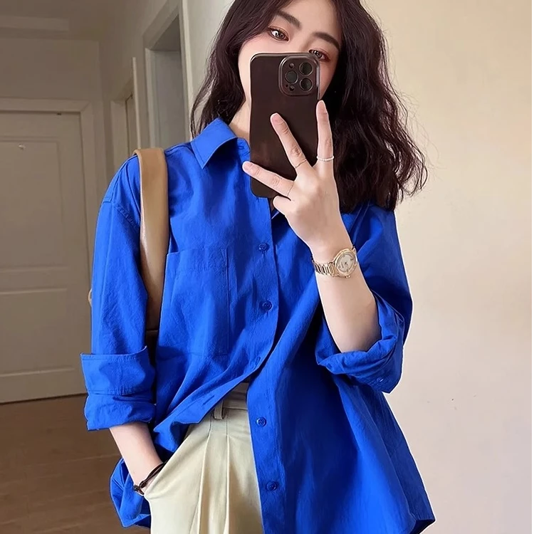 春秋克莱因蓝衬衫女2025新款长袖休闲宽松叠穿高级感衬衣外搭上衣