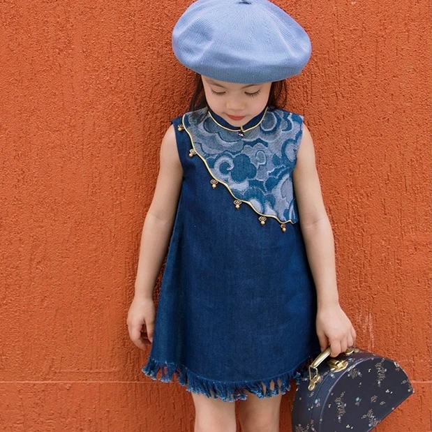 女童新中式连衣裙儿童立领无袖旗袍裙子小女孩祥云印花牛仔背心裙