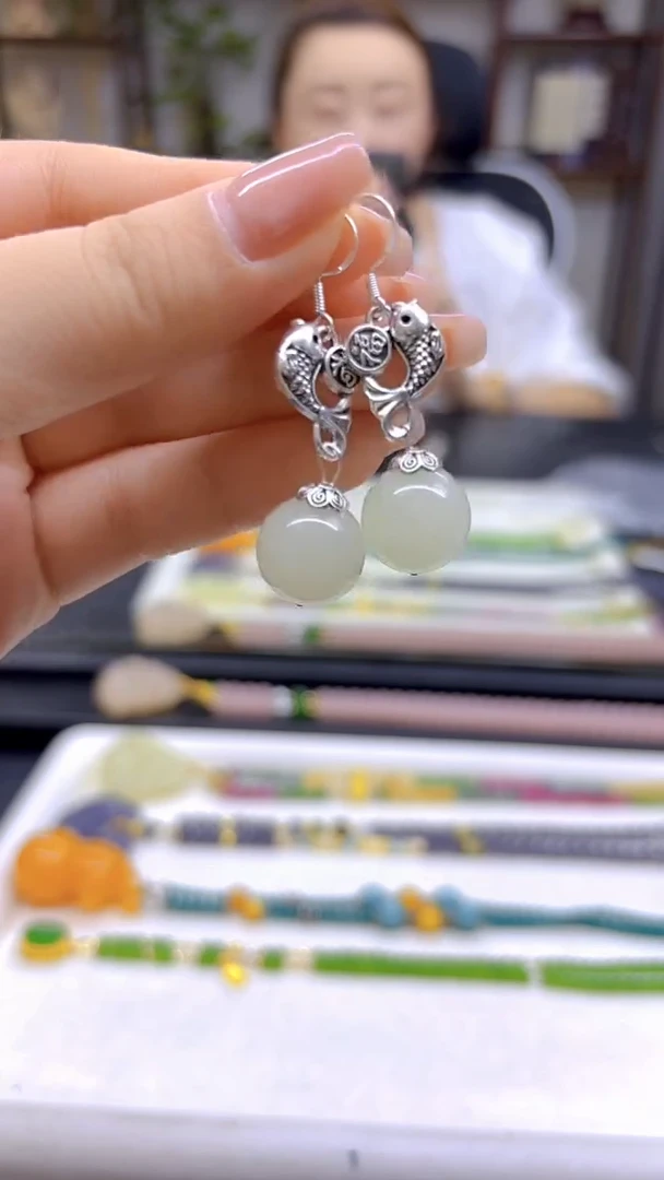 和田玉（白玉）银S925镶嵌耳饰DIY款E783