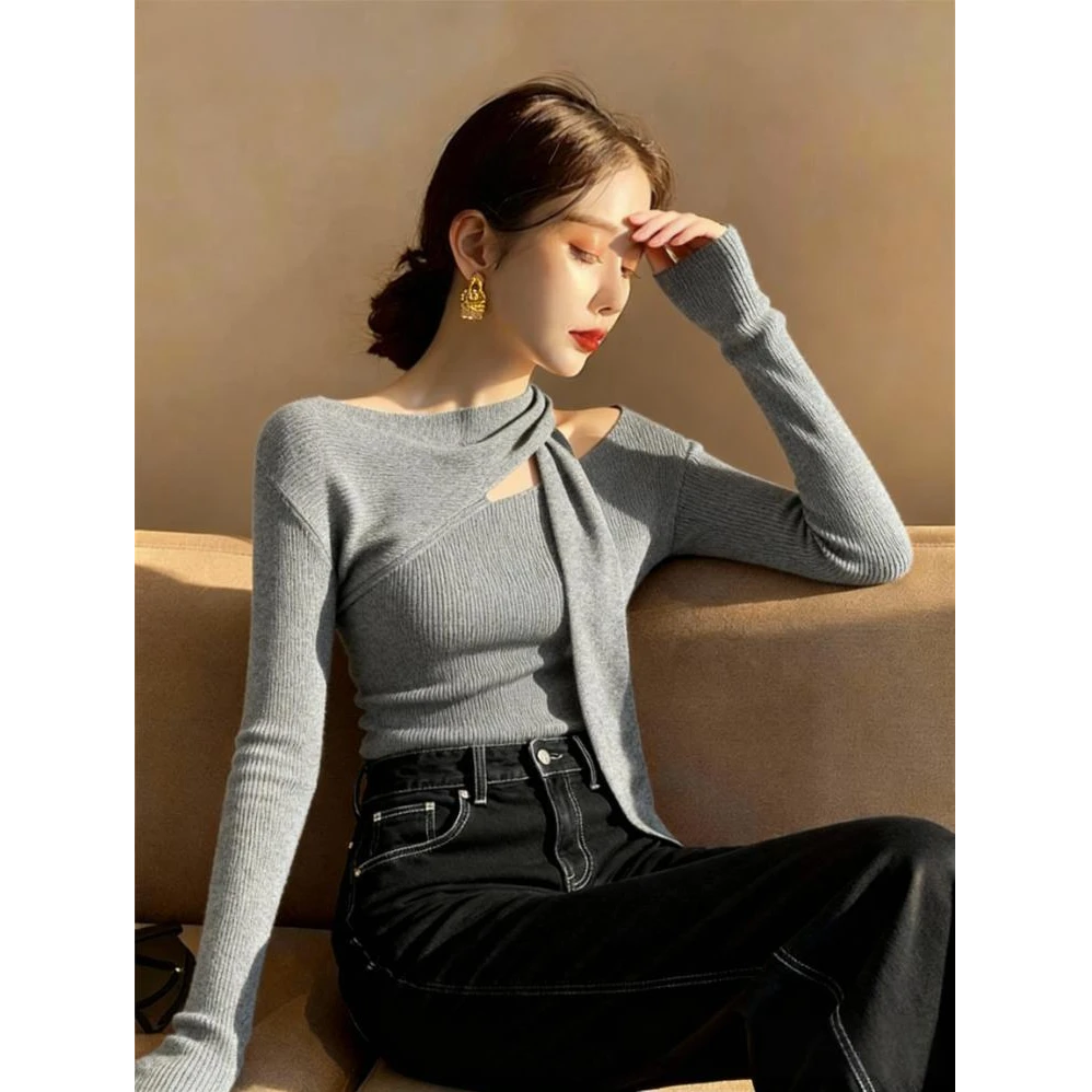 韩系不规则显瘦灰色打底上衣女秋冬新款高腰气质百搭直筒裤两件套