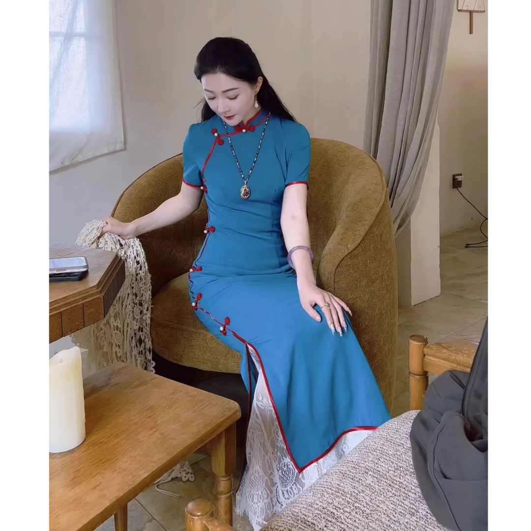 【京墨】蓝色2025夏季新款复古文艺改良旗袍女气质修身民国风年轻款