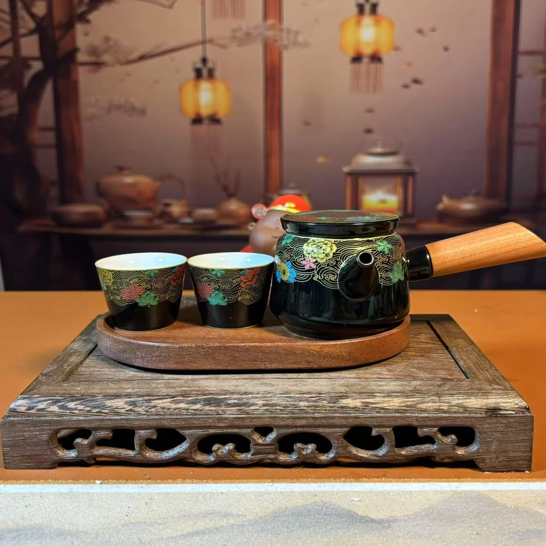 复古海浪花家用复古侧把壶带两杯带茶盘陶瓷A001