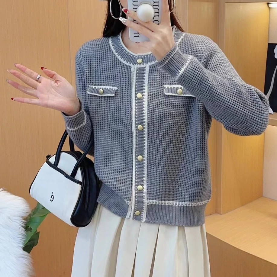 971#新款小香风圆领开衫长袖纽扣针织衫1