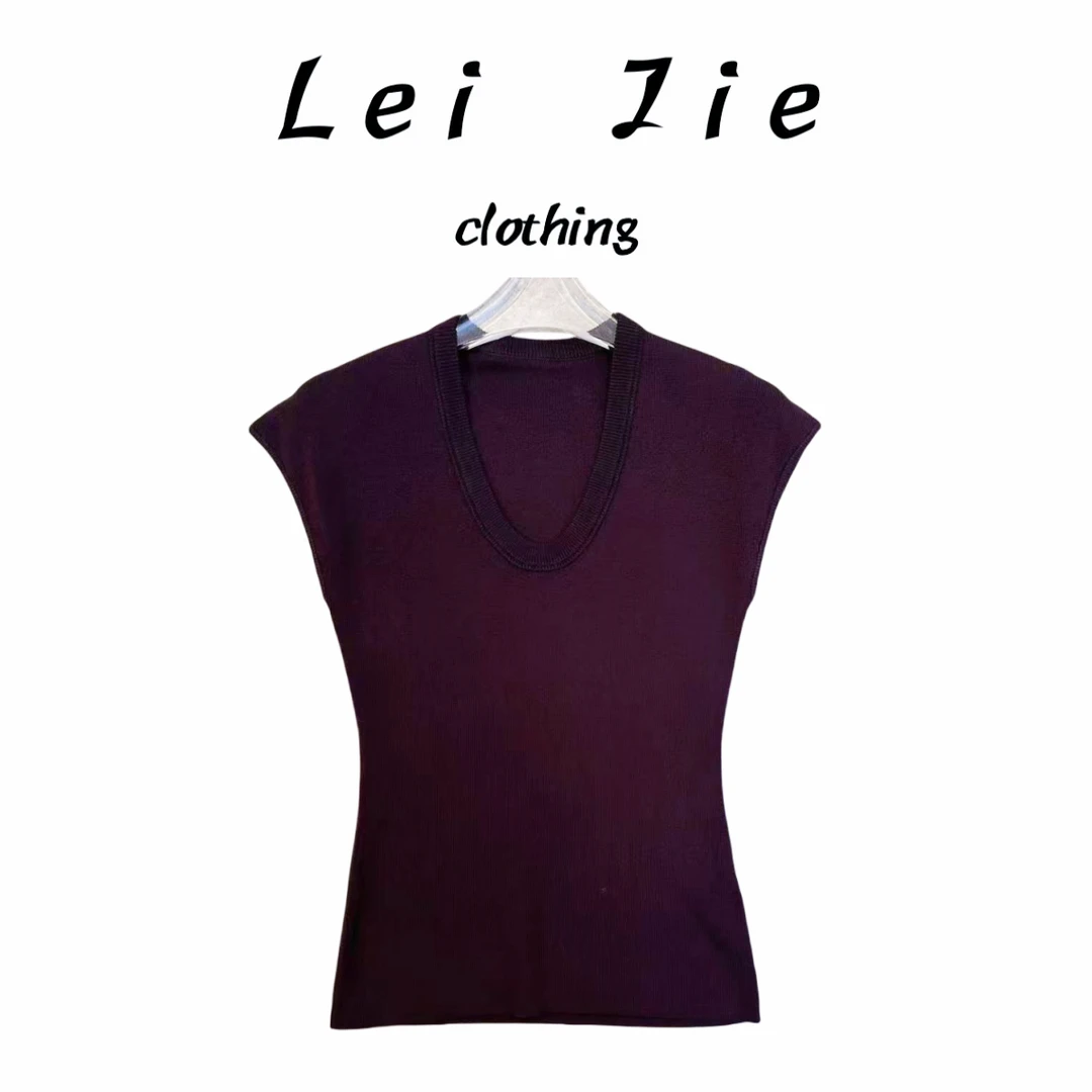 【Lei Jie】简约时尚U领小飞袖针织上衣2441