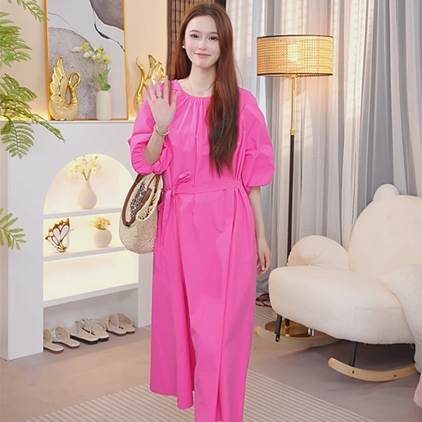 2025夏季高级宽松收腰遮肉显瘦连衣裙度假风高级感灯笼袖