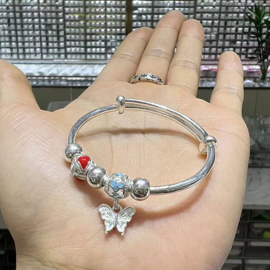 足银手镯 足银推拉宝宝镯草莓